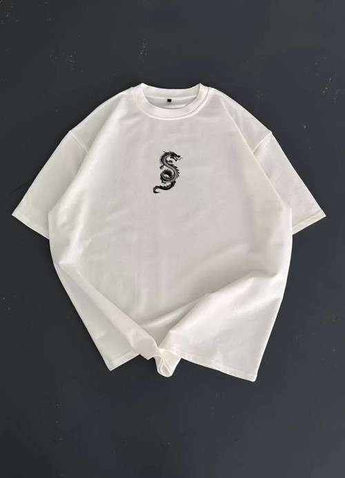 Baskılı Oversize Bisiklet Yaka T-shirt - Beyaz
