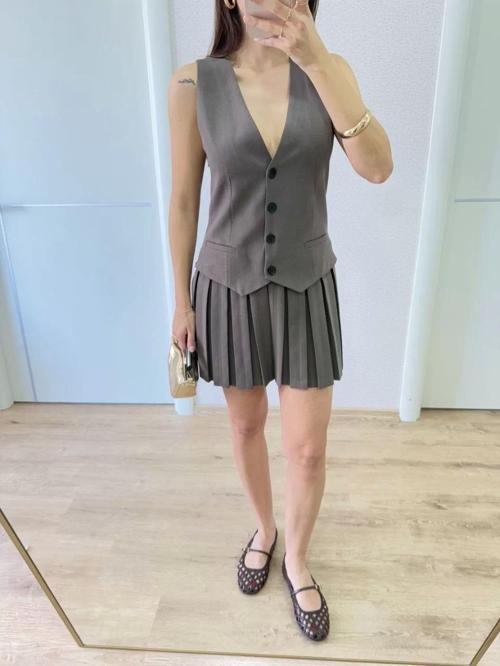 Keten Takım Görünümlü Düğme Detaylı Yelekli Mini Elbise - Füme