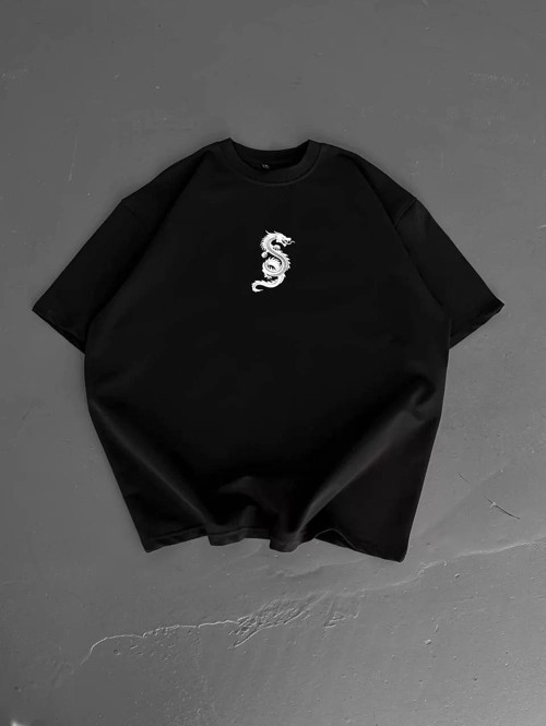 Baskılı Oversize Bisiklet Yaka T-shirt - Siyah