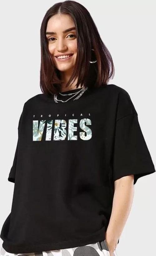 Kadın Baskılı Oversize T-shirt - Siyah