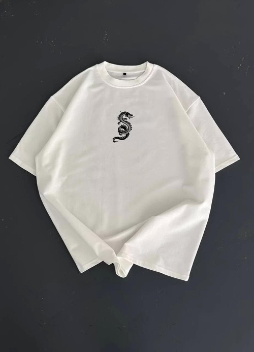 Baskılı Oversize Bisiklet Yaka T-shirt - Beyaz