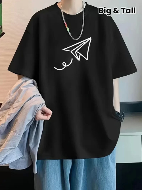 20/1 Penye Compack Uçak Baskılı Oversize Bisiklet Yaka Kısa Kol T-shirt - Siyah