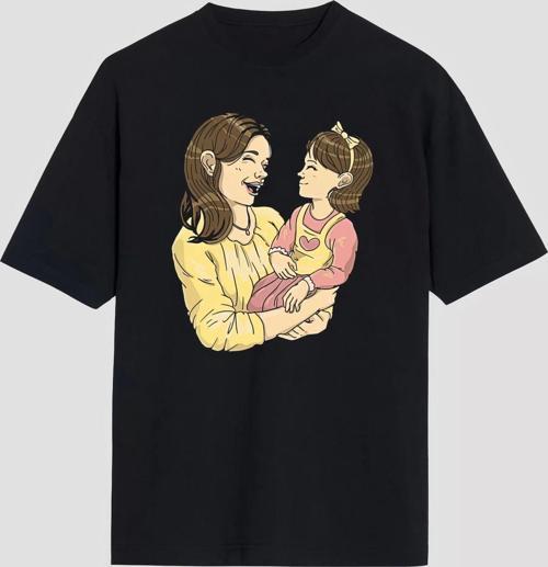 Anneler Gününe Özel Tasarım Anne Kız Baskılı T-shirt - Siyah