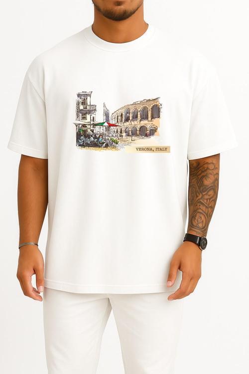 Oversize Verona İtaly Göğüs ve Sırt Tasarımlı Unisex T-Shirt