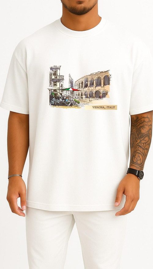 Oversize Verona İtaly Göğüs ve Sırt Tasarımlı Unisex T-Shirt