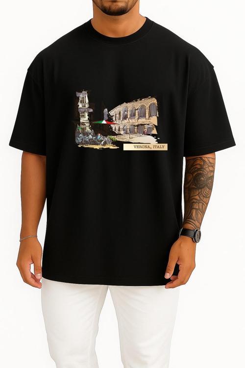 Oversize Verona İtaly Göğüs ve Sırt Tasarımlı Unisex T-Shirt