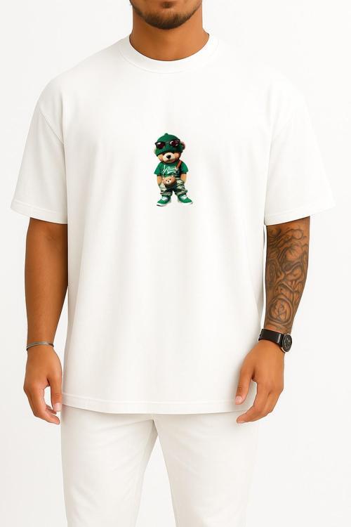 Oversize Yeşil Cool Teddy Bear Göğüs Tasarımlı Unisex T-Shirt