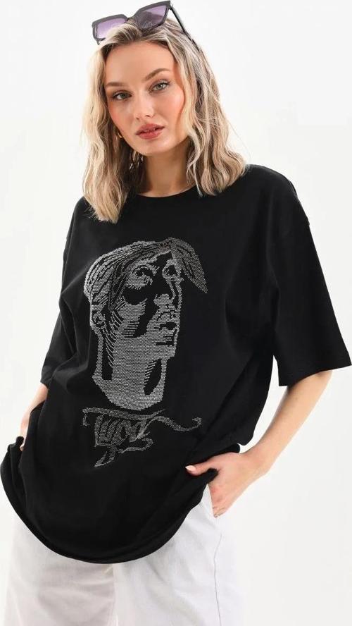 Unisex Taş Desenli Oversize T-Shirt - Siyah