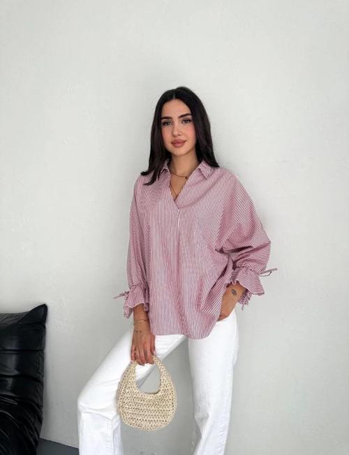 Kadın Arkası Asimetrik Yırtmaç Kesim Detaylı Cizgili Bluz Gömlek - Bordo