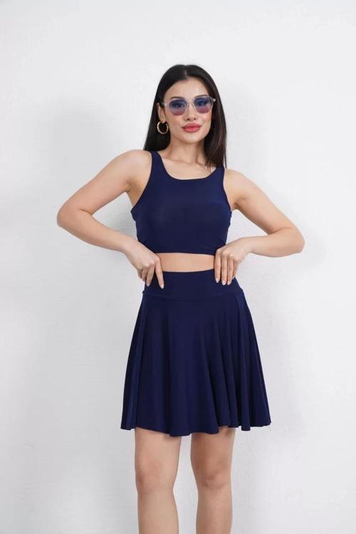 Sendy Kumaş Bisiklet Yaka Crop Şortlu Etek ikili Takım - Lacivert
