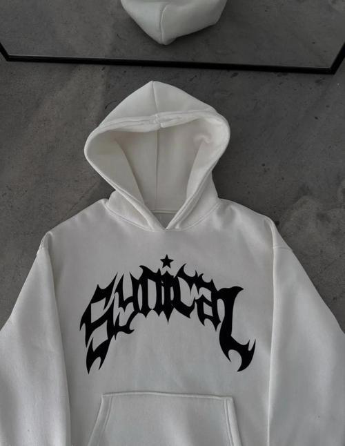 Üç İplik Kapüşonlu Baskılı Oversize SweatShirt- Beyaz