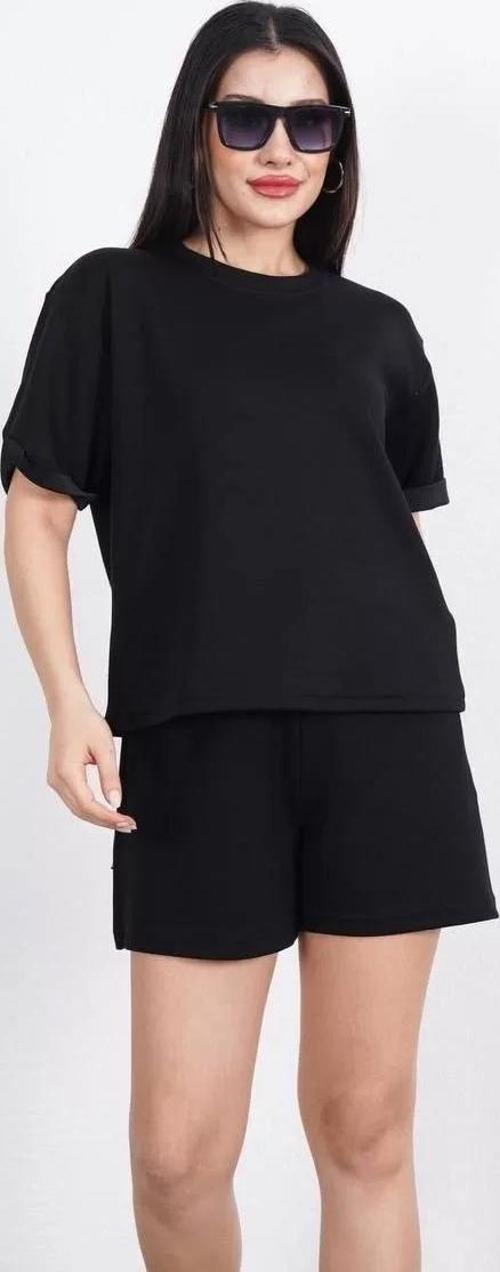 Osy Modal yumuşak dokulu Kumaş Kadın Bisiklet Yaka T-shirt Kısa Şort İkili Takım - Siyah