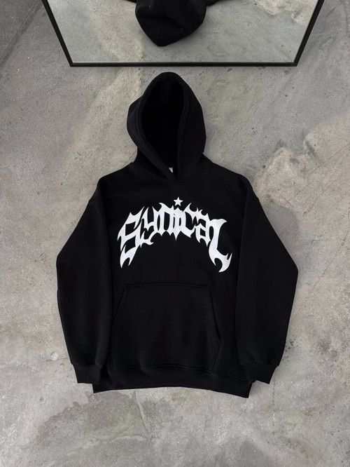 Üç İplik Kapüşonlu Baskılı Oversize SweatShirt- Siyah