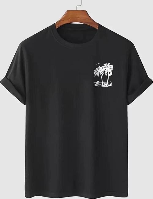 20/1 Penye Compack Palmiye Ön Baskılı Oversize Bisiklet Yaka Kısa Kol Yazlık T-shirt - Siyah