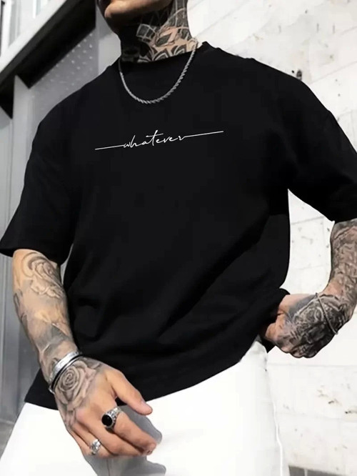 Büyük Beden Erkek "Whatever" Baskılı Tişört, Oversize Erkekler İçin Yaz Modası Kısa Kollu Tişörtler