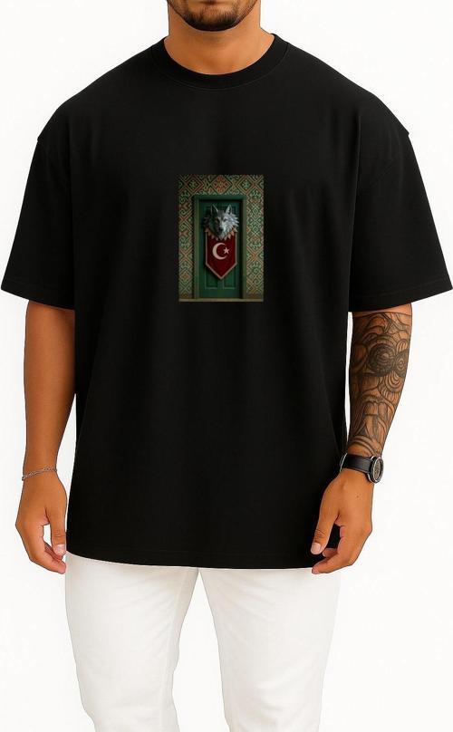 Oversize Türk Bayrağı Kurt Kapısı Göğüs ve Sırt Tasarımlı Unisex T-Shirt