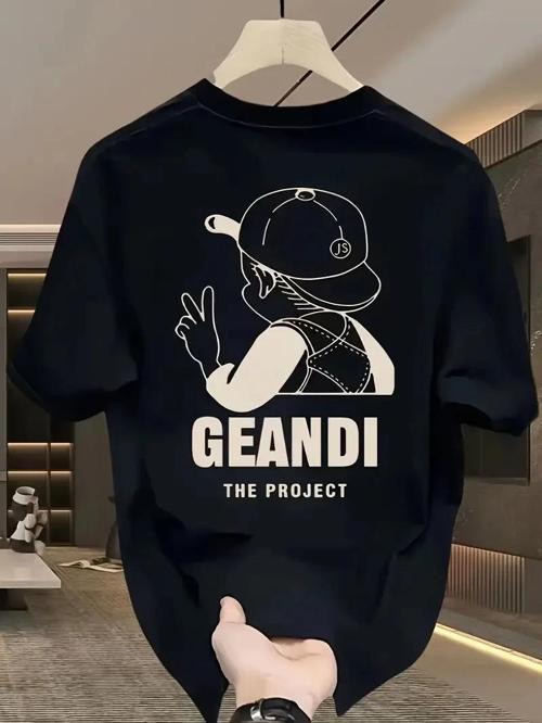 Geniş Kesim Pamuklu Tişört - "GANDHI The Project" Baskılı, Siyah, Rahat Kesim, Kısa Kollu, Günlük Kı