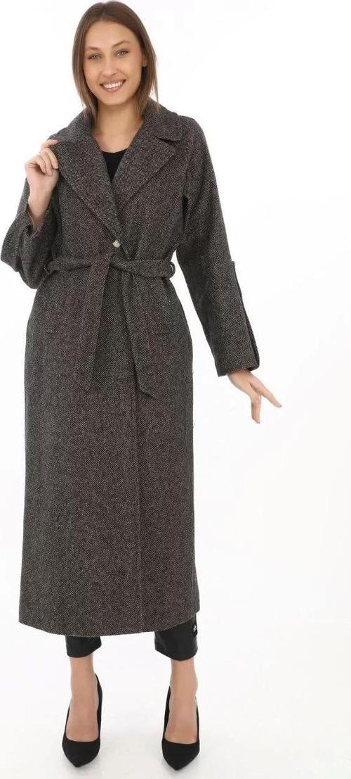 Kadın Kolu Apoletli Astarlı Kaşmir Kaşe Kaban - Füme