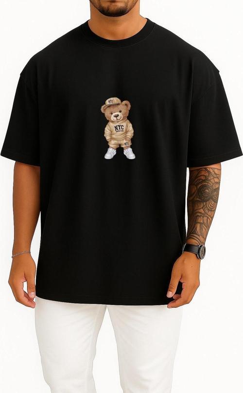 Oversize Pofuduk Cool Teddy Bear Göğüs Tasarımlı Unisex T-Shirt