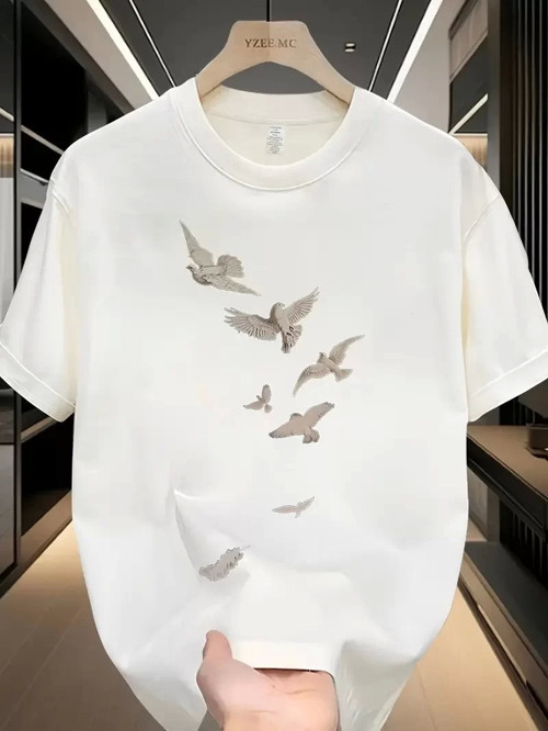 20/1 Penye Compack Özgür kuşlar Baskılı Oversize Bisiklet Yaka T-shirt - Beyaz