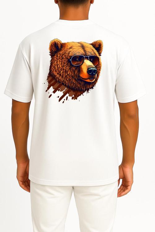 Oversize Gözlüklü Havalı Ayı Portresi Sırt Tasarımlı Unisex T-Shirt