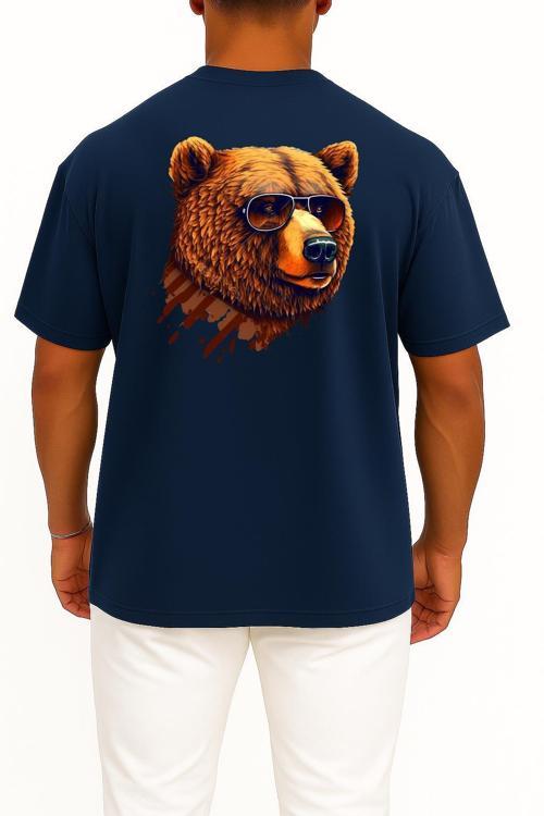 Oversize Gözlüklü Havalı Ayı Portresi Sırt Tasarımlı Unisex T-Shirt