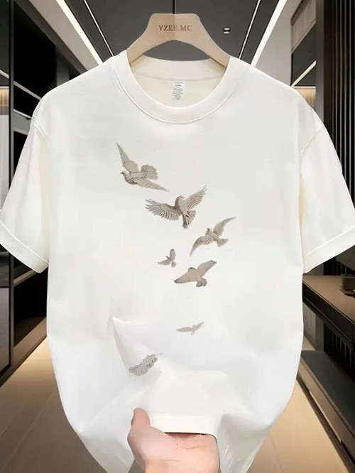 20/1 Penye Compack Özgür kuşlar Baskılı Oversize Bisiklet Yaka T-shirt - Beyaz