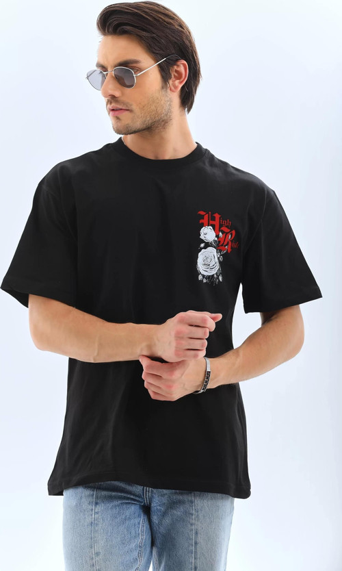 Unisex Oversize Baskılı Bisiklet Yaka T-Shirt - Siyah