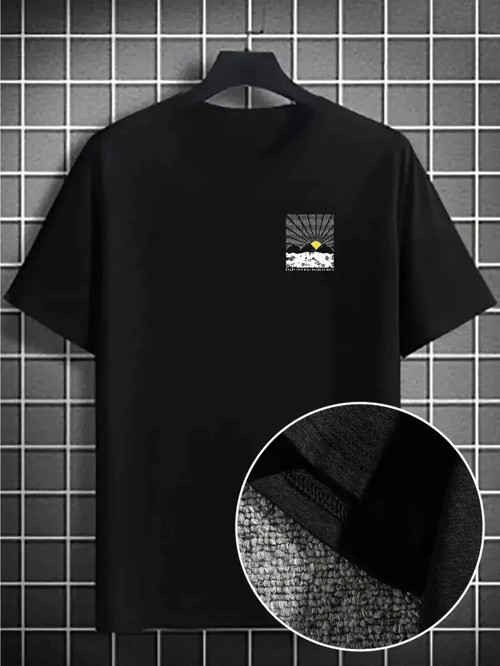 Erkek Dağ Grafikli Tişört, Yaz için Büyük Beden Rahat T-shirt - Siyah