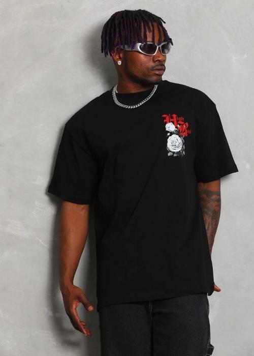 Unisex Oversize Baskılı Bisiklet Yaka T-Shirt - Siyah