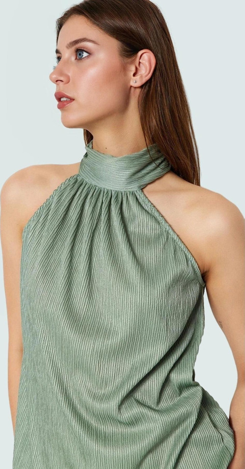 Kadın Yazlık Bluz Halter Yaka Pilise Dokuma Regular Kalıp Polyester Kumaş