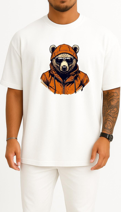 Oversize Kapşonlu Gözlüklü Ayı Göğüs ve Sırt Tasarımlı Unisex T-Shirt