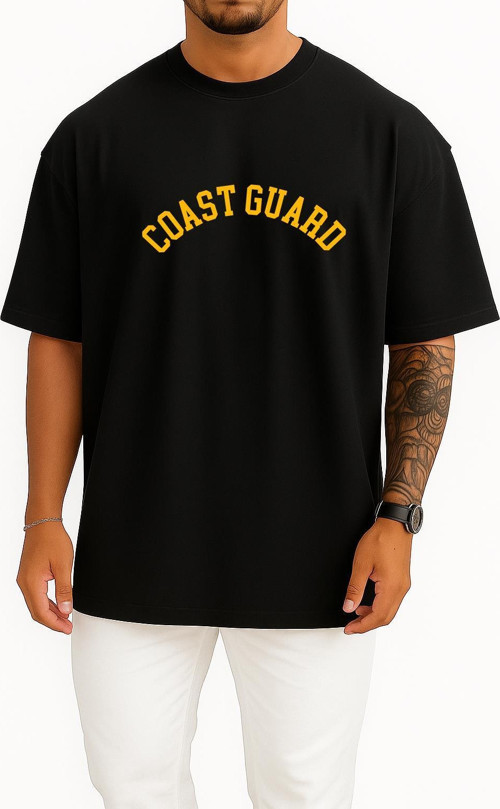 Oversize Coast Guard Göğüs ve Sırt Tasarımlı Unisex T-Shirt