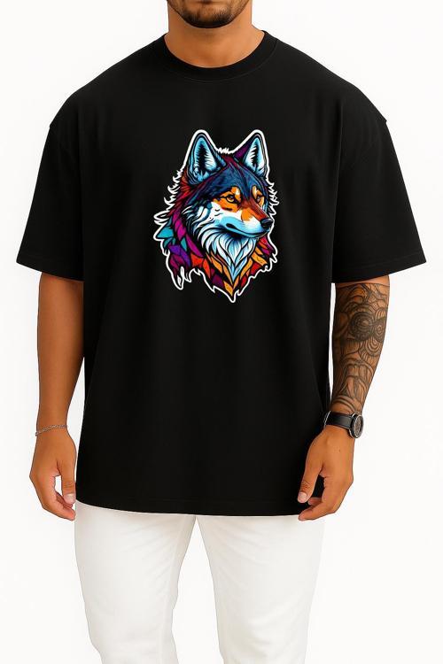 Oversize Wolf Face Logo Mascot Göğüs ve Sırt Tasarımlı Unisex T-Shirt