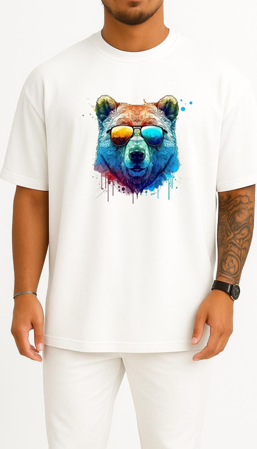 Oversize Cool Bear Psychedelic Bear Göğüs ve Sırt Tasarımlı Unisex T-Shirt
