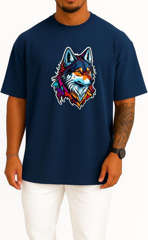 Oversize Wolf Face Logo Mascot Göğüs ve Sırt Tasarımlı Unisex T-Shirt