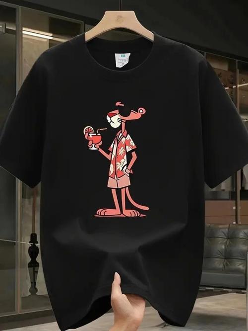 Pembe Panter Baskılı Erkek Oversize Günlük Kısa Kollu Tişört İlkbahar ve Yaz için Mükemmeldir - Siya
