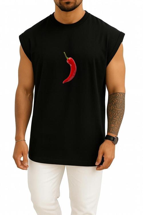 Oversize Kırmızı Acı Biber Peppers Göğüs Tasarımlı Atlet
