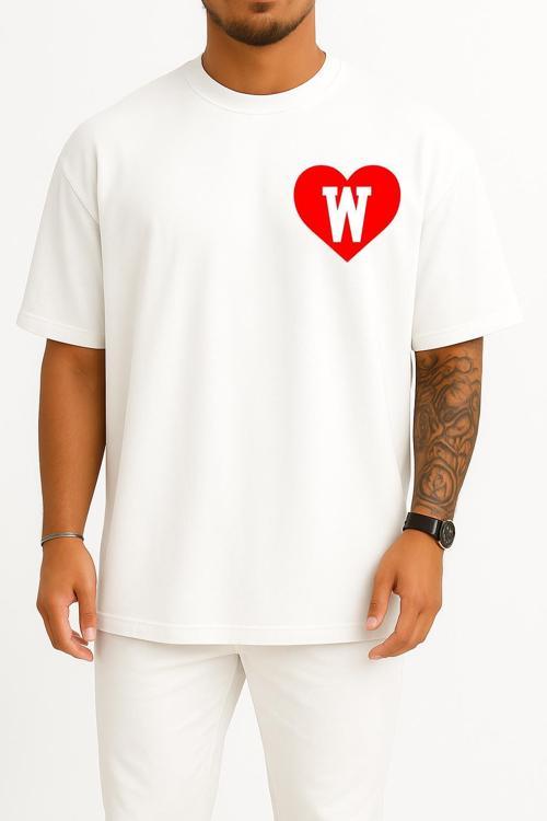 Oversize Kalp İçinde W Harfi Cep Tasarımlı Unisex T-Shirt