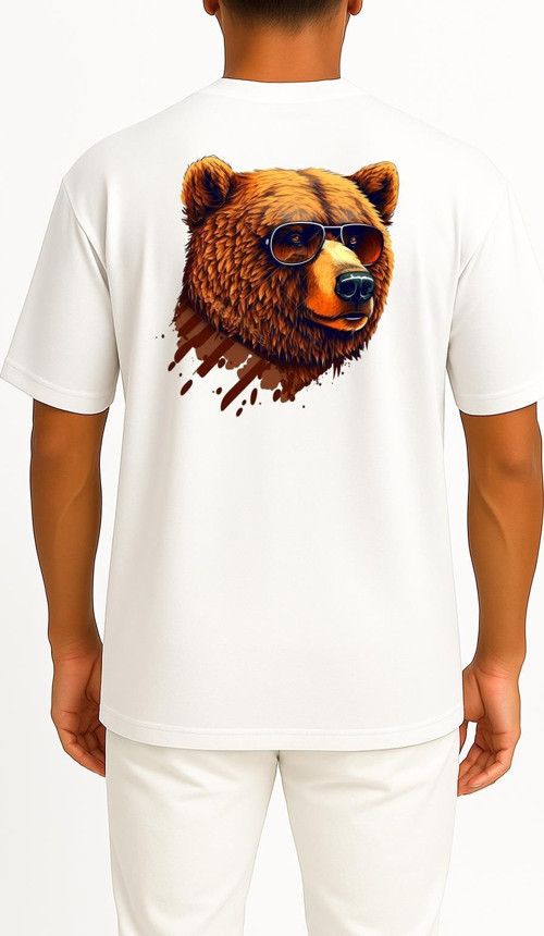Oversize Gözlüklü Havalı Ayı Portresi Sırt Tasarımlı Unisex T-Shirt