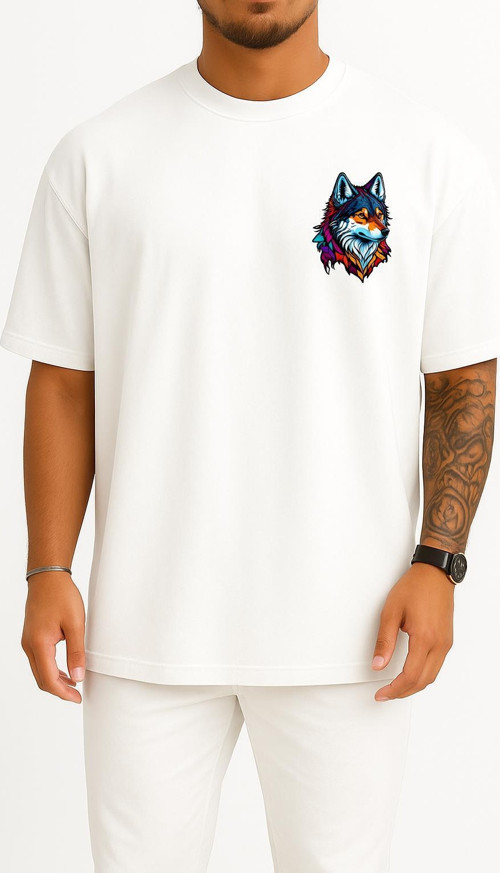 Oversize Wolf Face Logo Mascot Cep Tasarımlı Unisex T-Shirt