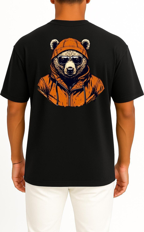 Oversize Kapşonlu Gözlüklü Ayı Sırt Tasarımlı Unisex T-Shirt