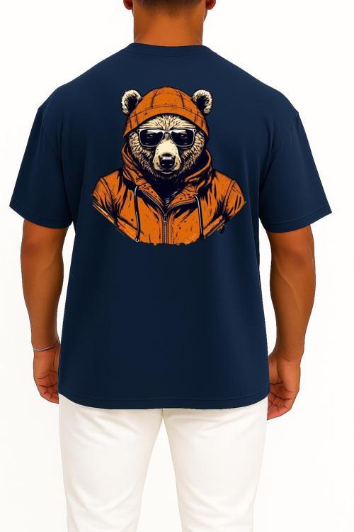 Oversize Kapşonlu Gözlüklü Ayı Sırt Tasarımlı Unisex T-Shirt