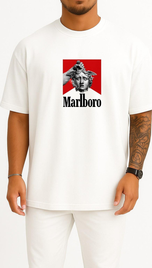 Oversize Marlboro Heykel Ve Duman Göğüs Tasarımlı Unisex T-Shirt