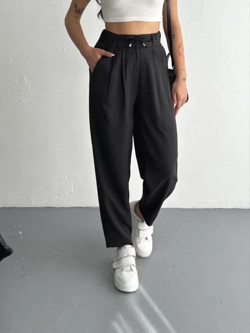 Kadın Yüksel Bel Beli Bağcıklı Rahat Cepli Boru Paça Pantalon - Siyah