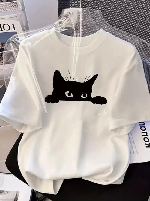 Kadınlar için Şık Siyah Kedi Grafik Tişört - Oversize Kısa Kollu Üst, Nefes Alabilir Polyester Karış