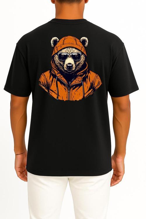 Oversize Kapşonlu Gözlüklü Ayı Sırt Tasarımlı Unisex T-Shirt