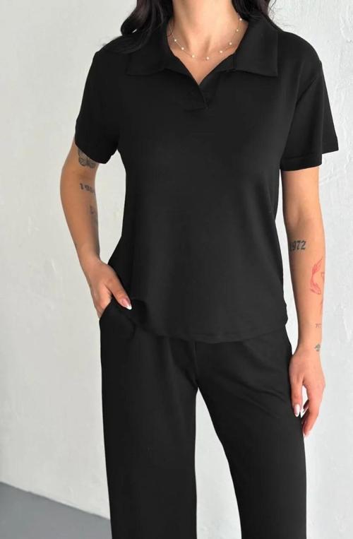 Osy Modal Yumuşak Dokulu Kumaş Kısa Kollu Yakalı T-shirt Pantalon ikili Takım- Siyah