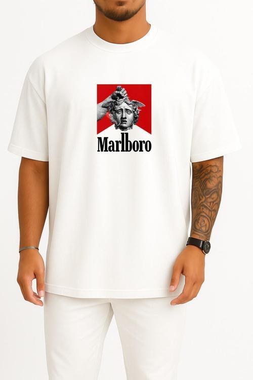 Oversize Marlboro Heykel Ve Duman Göğüs Tasarımlı Unisex T-Shirt