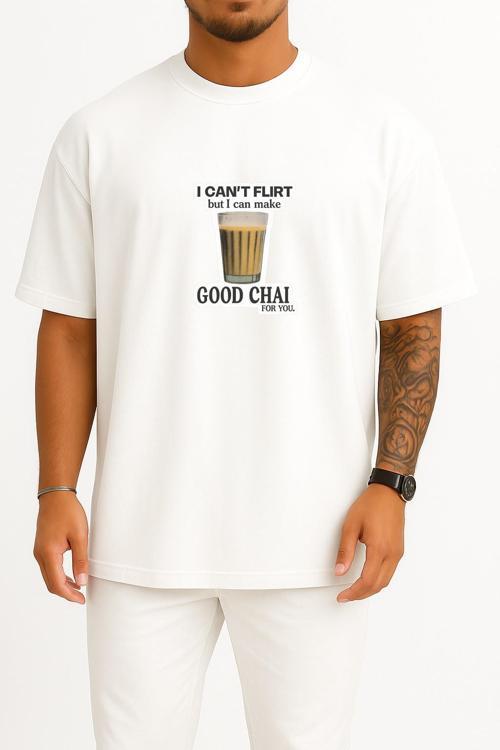 Oversize Flört Edemem Ama Senin İçin Güzel Çay Yapabilirim Göğüs Tasarımlı Unisex T-Shirt